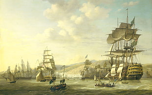 brown galleon ships painting, painting, artwork, ship, sailing ship