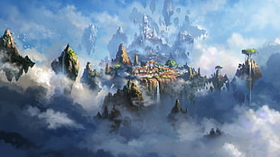 floating village digital wallpaper, fantasy art, clouds