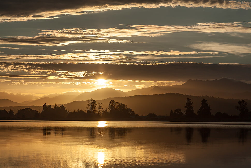 calm body of water, New Zealand, landscape, sunset, sun rays HD wallpaper