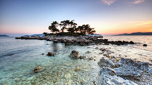 landscape photo of islet surrounded by rocks, landscape, island, water, nature