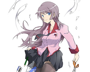 female anime character wearing pink and red notched lapel shirt digital wallpaper