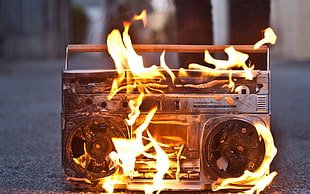 gray boombox on flame, fire, music, stereos, melting