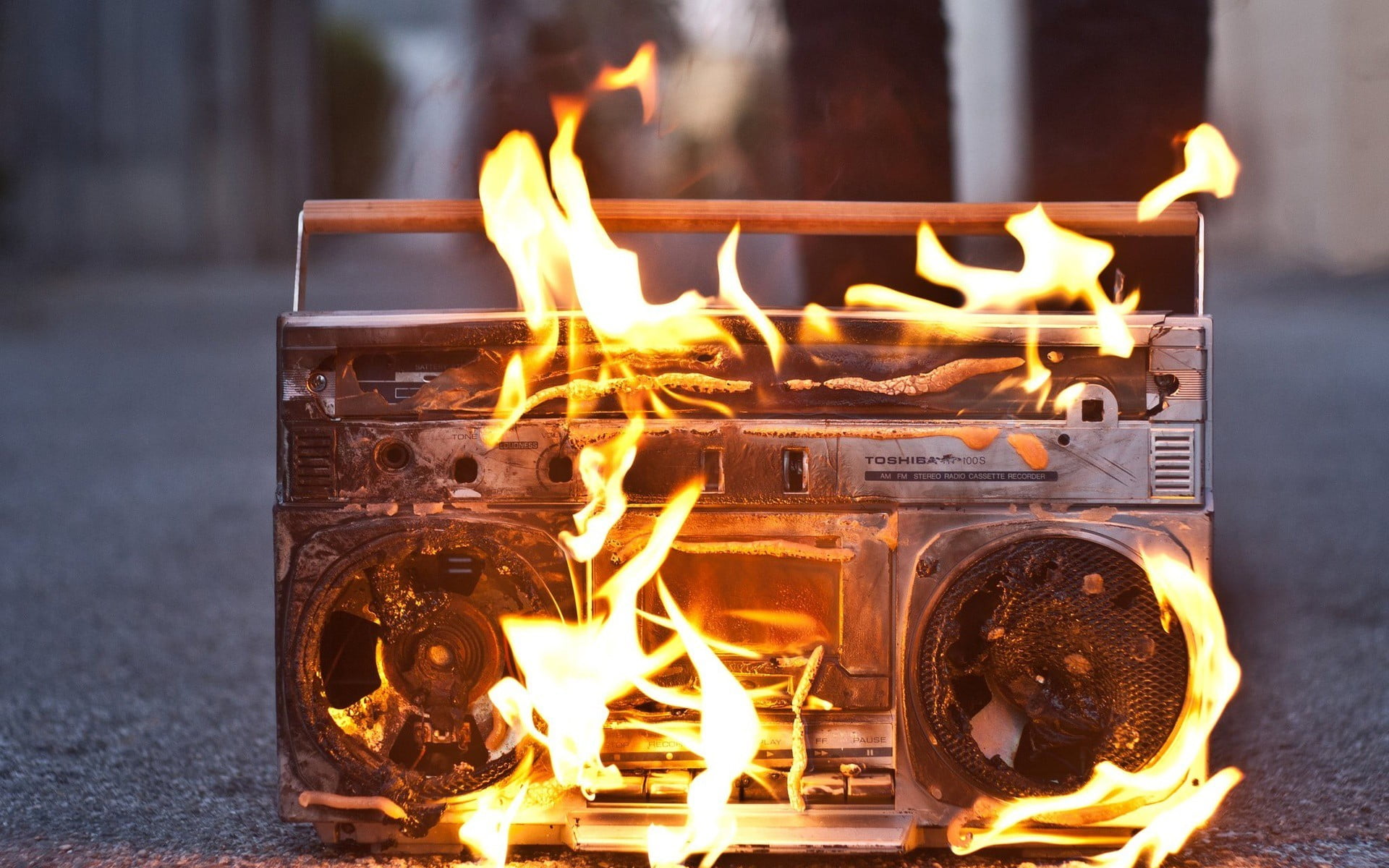 gray boombox on flame, fire, music, stereos, melting