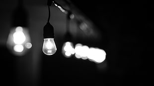 black and white pendant lamp, photography, monochrome, light bulb, bokeh