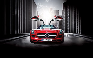 red Mercedes-Benz SLS AMG, Mercedes-Benz SLS AMG, car, street HD wallpaper