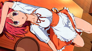 female anime character in orange and white maiden dress