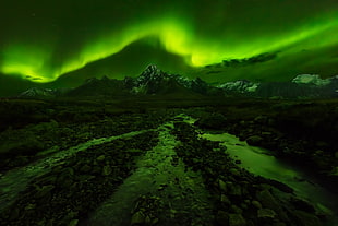 aurora lights, nature, photography, landscape, mountains HD wallpaper