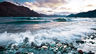 Stones,  Waves,  Sea,  Mountains HD wallpaper
