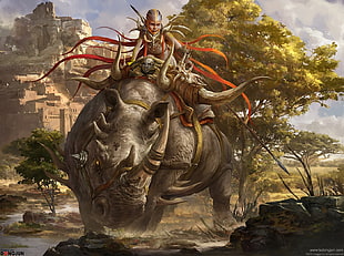 warrior on rhino illustration, fantasy art, warrior HD wallpaper