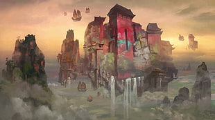 floating temple painting, songs, futuristic, fantasy art, clouds HD wallpaper