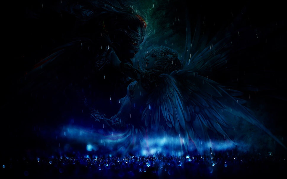 angel illustration, rain, angel, Devil, crystal  HD wallpaper