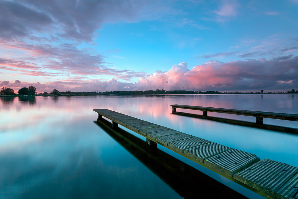 white dock under blue sky HD wallpaper