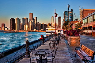 brown wooden bench, cityscape, Chicago, pier