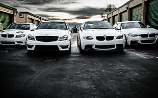 four white cars, BMW, Mercedes-Benz, BMW M3 , white cars