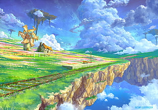 railway on edge of floating island illustration, train station, mill, house, floating island HD wallpaper