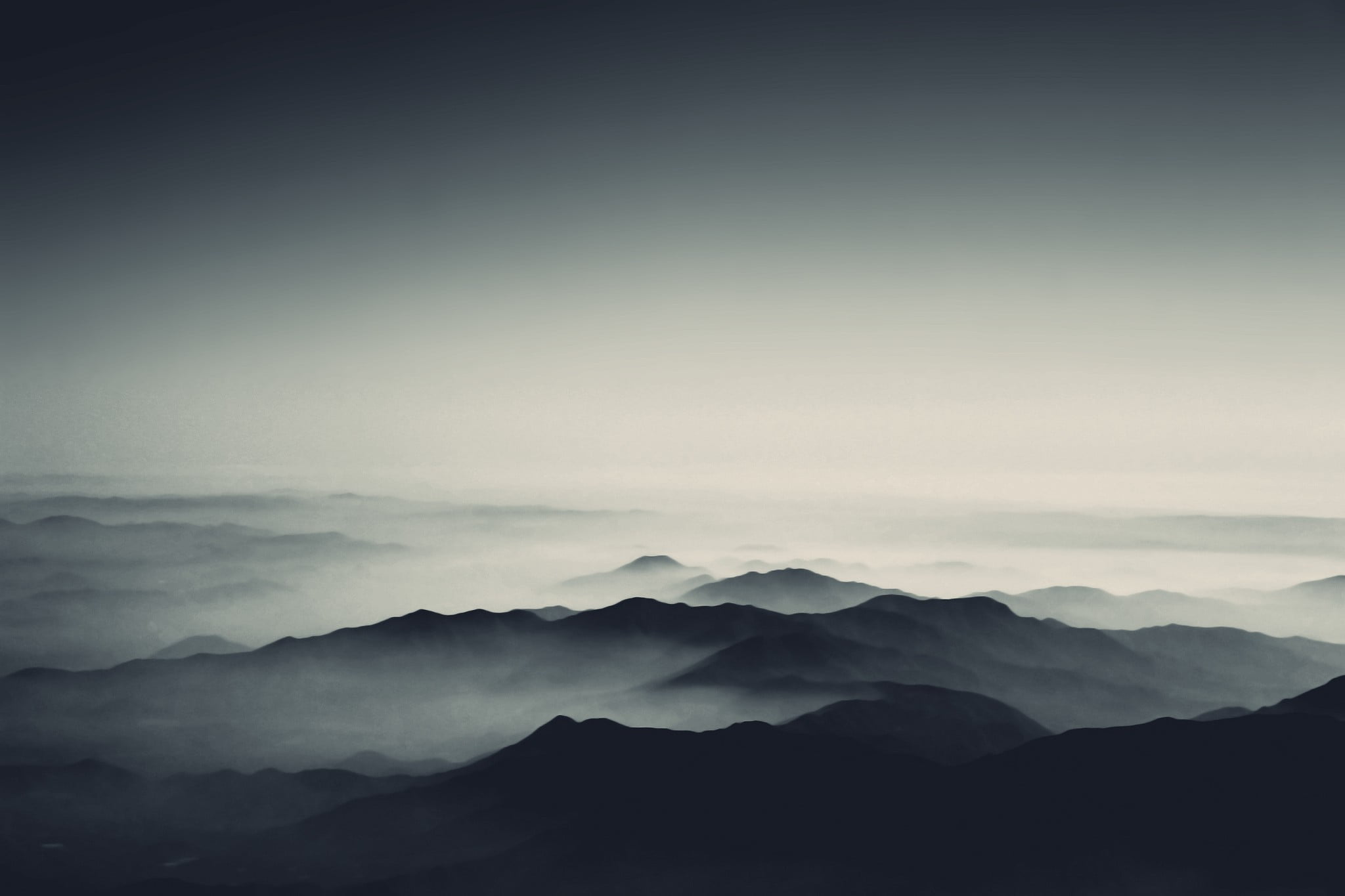 silhouette of mountain under cloudy sky, photography, simple background, nature