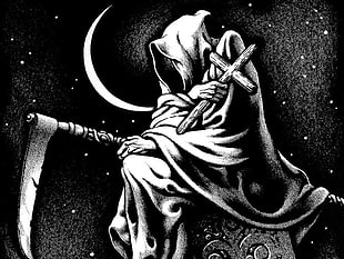 grim reaper wallpaper, Grim Reaper, artwork, monochrome, Moon