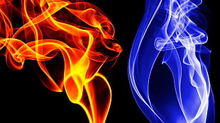 two blue and yellow flame illustration