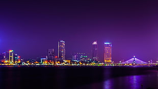 lighted building, city, building, bridge, night HD wallpaper