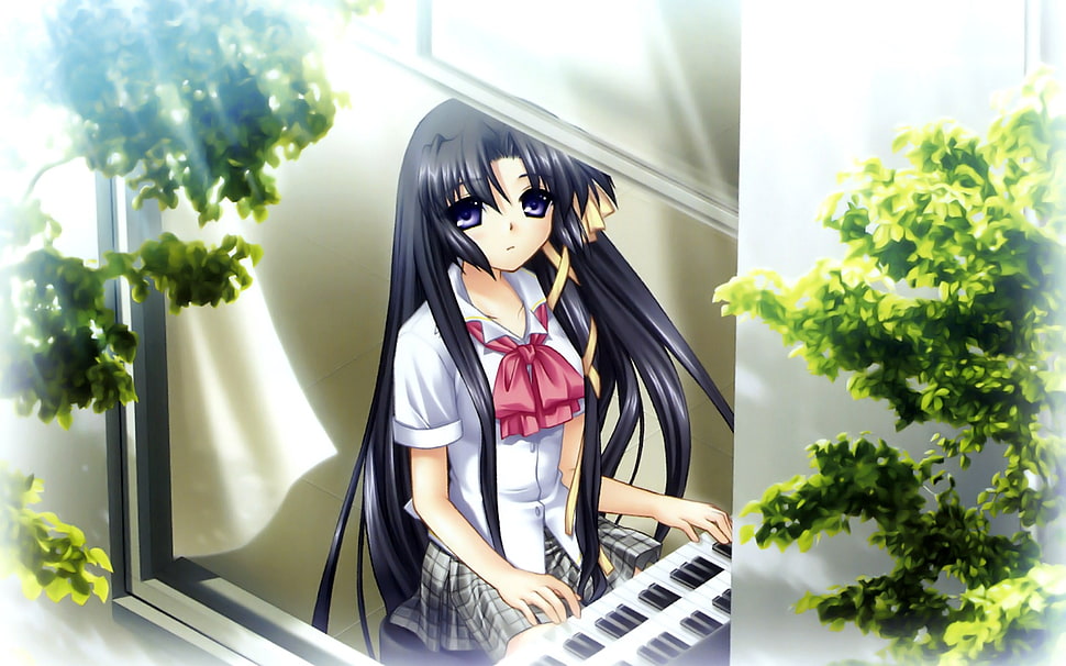 black hair school girl playing piano beside of window during daytime HD wallpaper