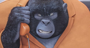 gorilla in orange long-sleeved top holding desk phone illustration HD wallpaper