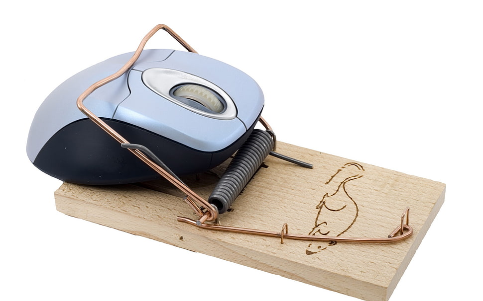 gray and black wireless computer mouse on beige mouse trap HD wallpaper