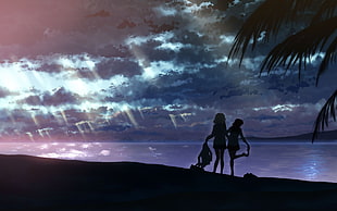 silhouette painting of two person near beach, anime