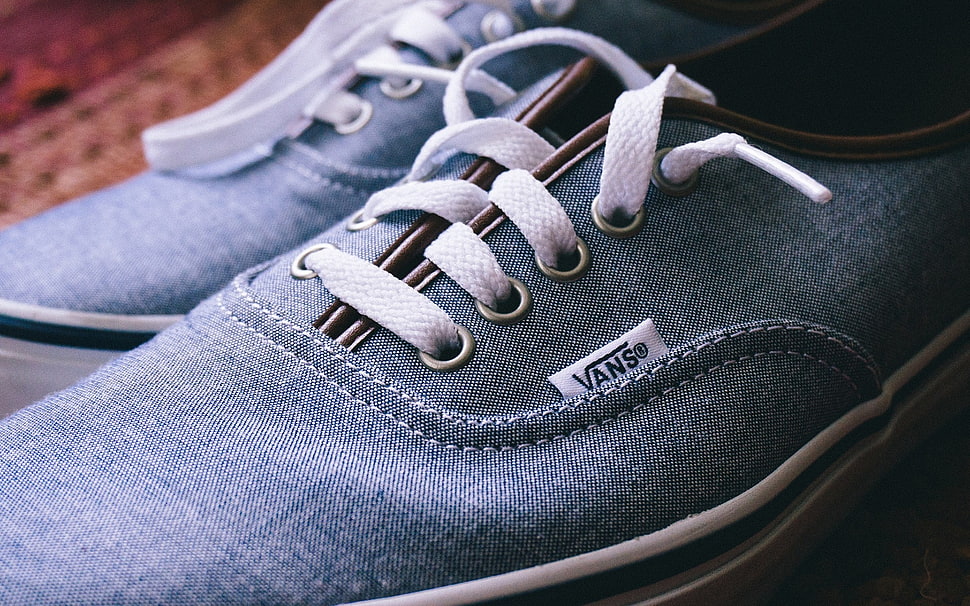 pair of blue Denim Vans low top sneakers HD wallpaper