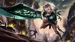 female anime character holding sword digital wallpaper