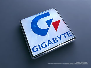 white and blue Gigabyte print case HD wallpaper