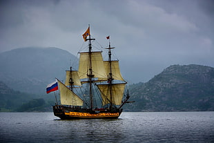 brown boat photography, sailing ship, Russian