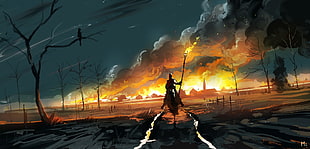man riding horse in front of fire wallpaper, fantasy art, night, illustration, artwork