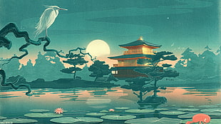 photo of pagoda between trees illustration HD wallpaper