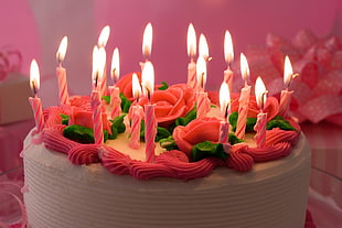 white icing-covered cake with candles, cake, candles, fire