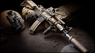 beige and black M4A1 assault rifle, gun, M4, AR-15