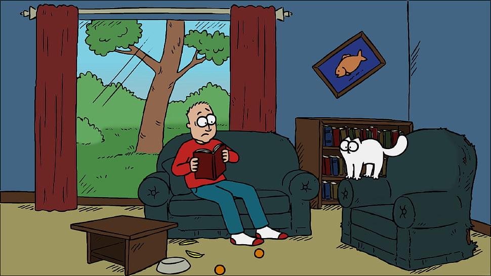 man sitting on blue sofa while reading book wallpaper, Simon's Cat, comics, cat, drawing HD wallpaper