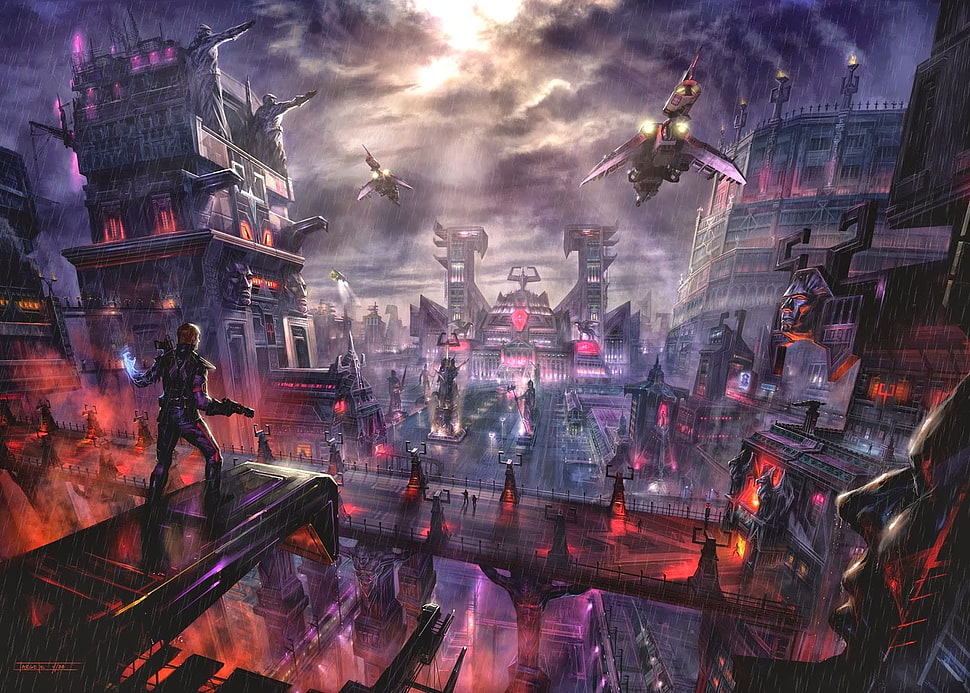 game illustration, science fiction, rain, futuristic city HD wallpaper