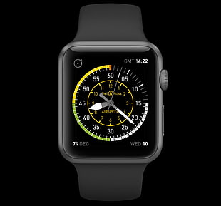 space gray aluminum case Apple Watch with black Sport Band, watch, technology, Apple Watch