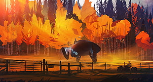 motorcycle parked near wooden fence and robot on field near orange trees illustration, illustration, fantasy art, sunset, bonsai