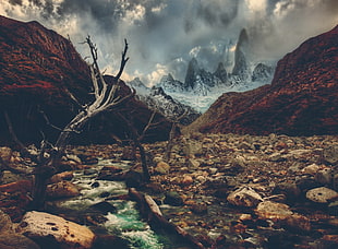 grey mountain, rock, mountains, clouds, trees