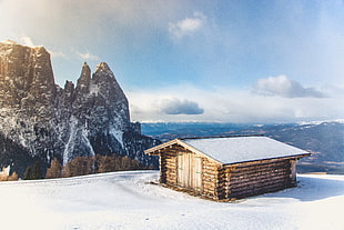 brown and white concrete house, winter, mountains, house