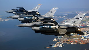 four gray-and-black fighting jets, military aircraft, airplane, sky, jets