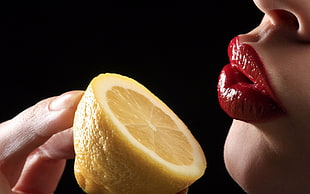 lemon slice, food, lips, lemons, red lipstick HD wallpaper