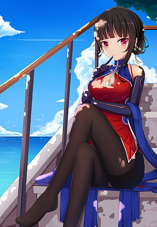 black haired female anime character, Chinese dress, cleavage, feet, panties