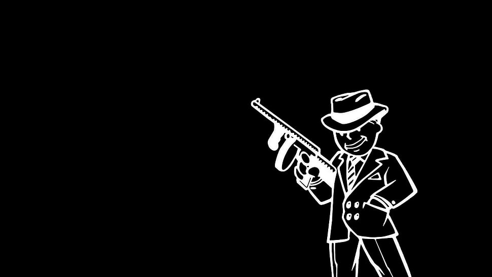 man wearing suit holding rifle background, Fallout, simple, Vault Boy, minimalism HD wallpaper