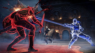 two knight fighting with 3D light beside house