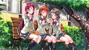 three female anime characters sitting on bench