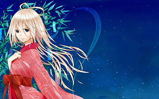 blonde haired pink and red dressed girl anime illustration with blue background