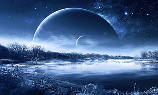 painting of blue moon and planet, stars, planet, galaxy, snow
