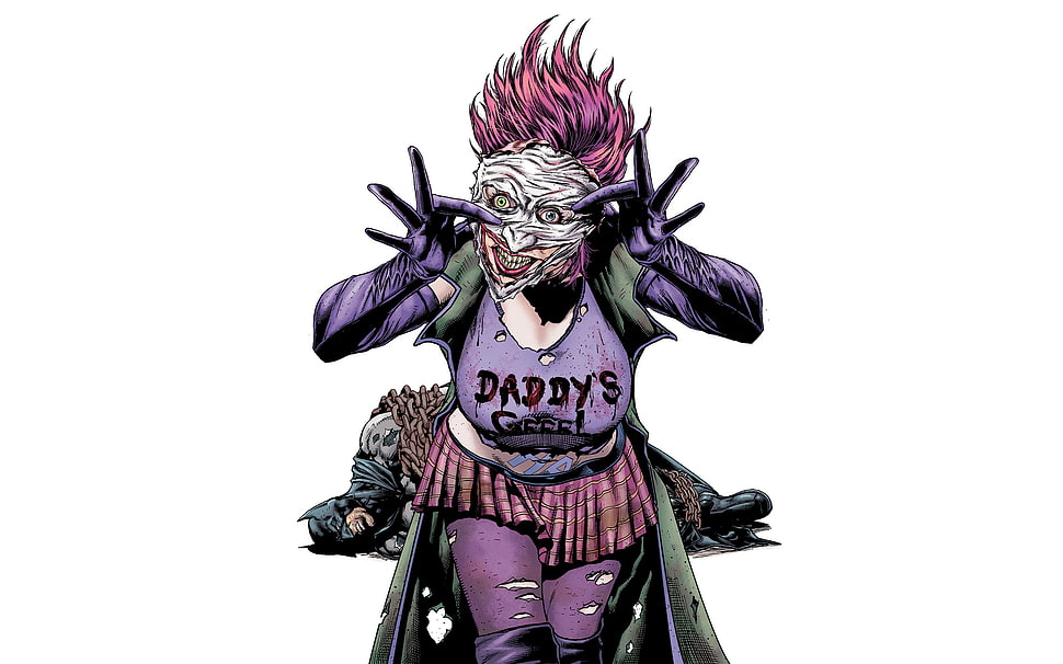 purple haired female anime illustration, Batman, DC Comics, simple background, Harley Quinn HD wallpaper